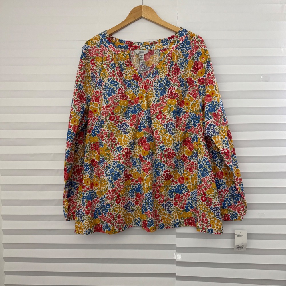 Croft & Barrow Womens 2X Floral Cotton Blouse Long Sleeve Split Neck Multi-Color